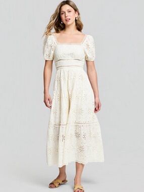 Ivory Eyelet Lace Cotton Midi Dress Elegant Square Neck Size PL